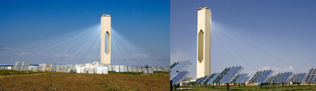 Usinas de energia solar muito grandes usam espelhos para refletir a luz do sol em um receptor