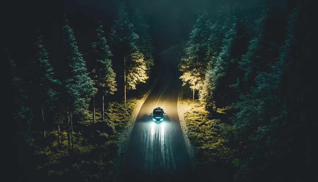 En bil kör på vägen på natten i skogen.