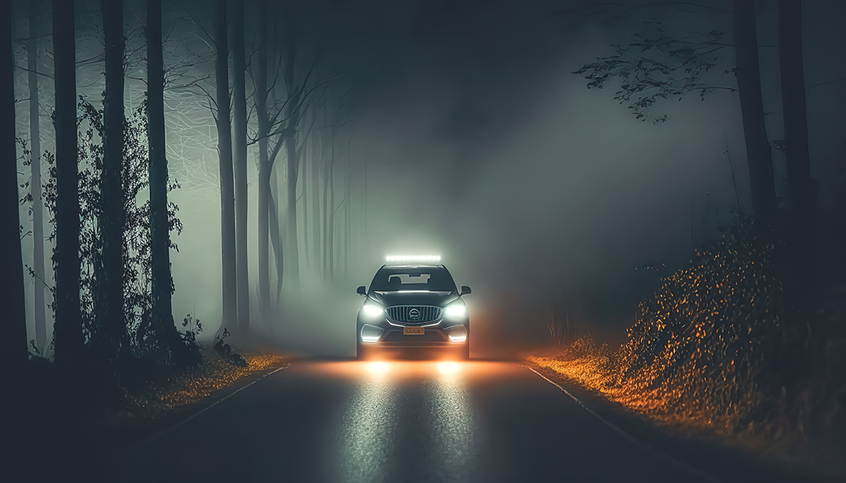 Bilen kör på vägen på natten i skogen, generativ Al.